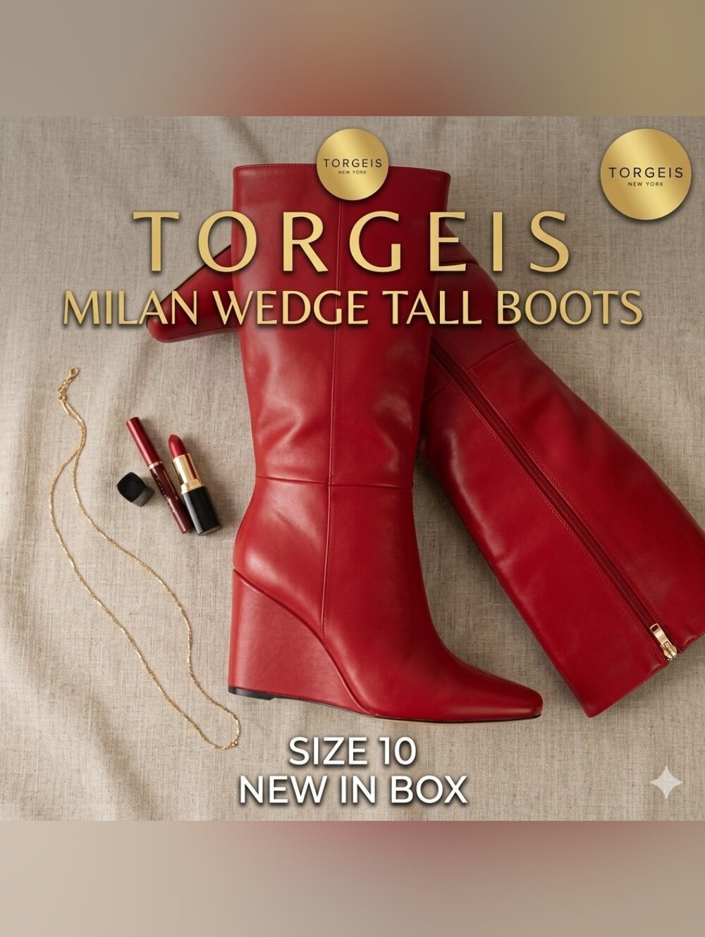 Torgeis New York Milan Red Wedge Tall Boots Size 10 Square Toe NIB